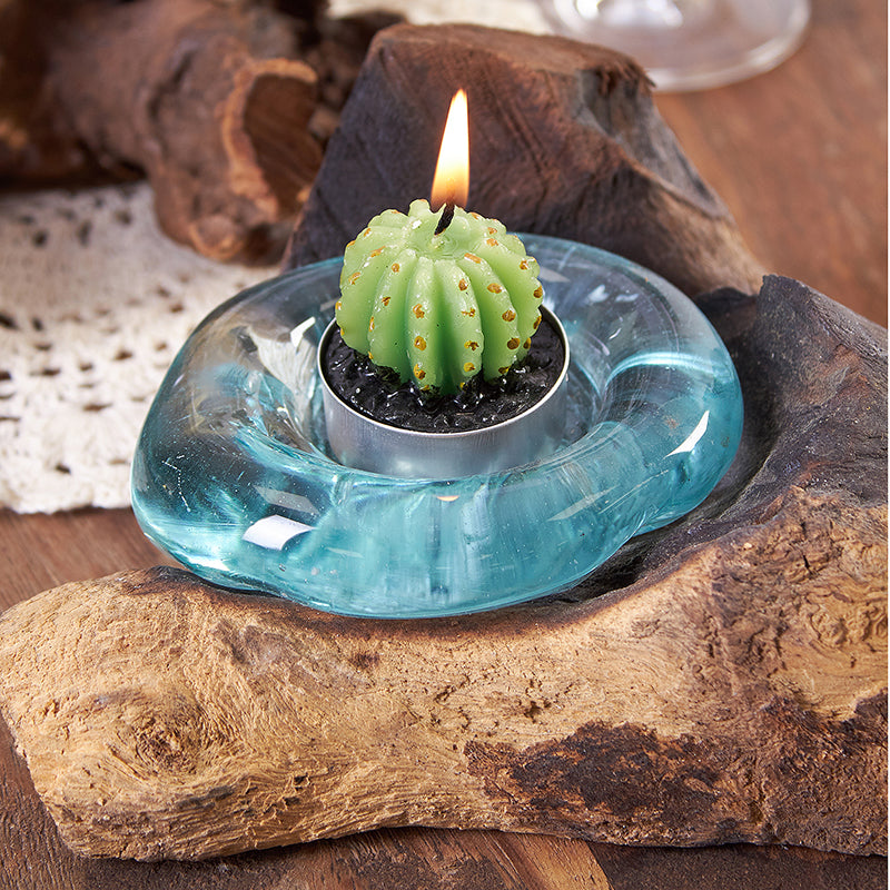 Unique Hand-Blown Glass & Gamal Wood Candle Holder
