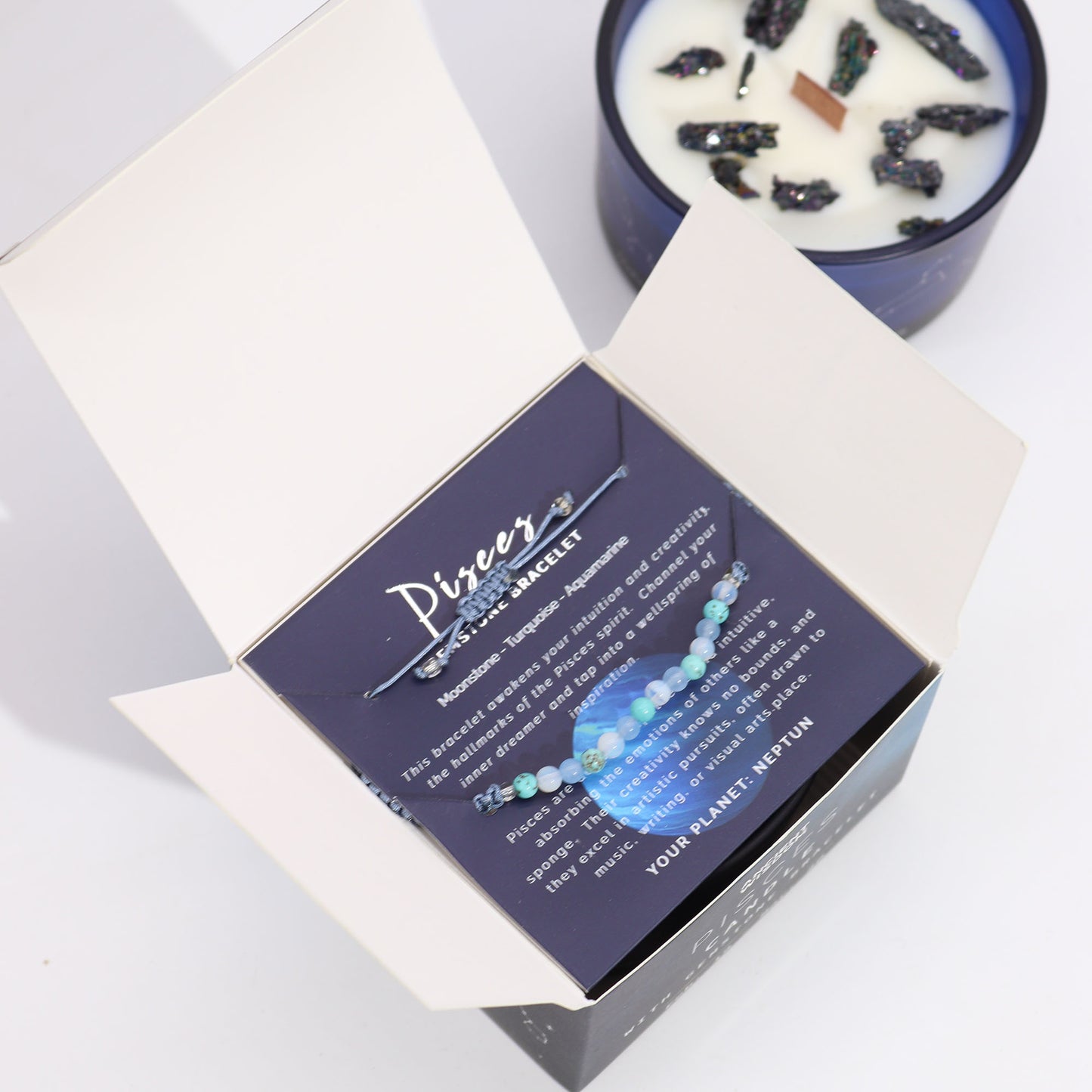 Pisces Zodiac Crystal Candle With Moonstone, Turquoise & Aquamarine Gemstone Bracelet - Bath & Soak