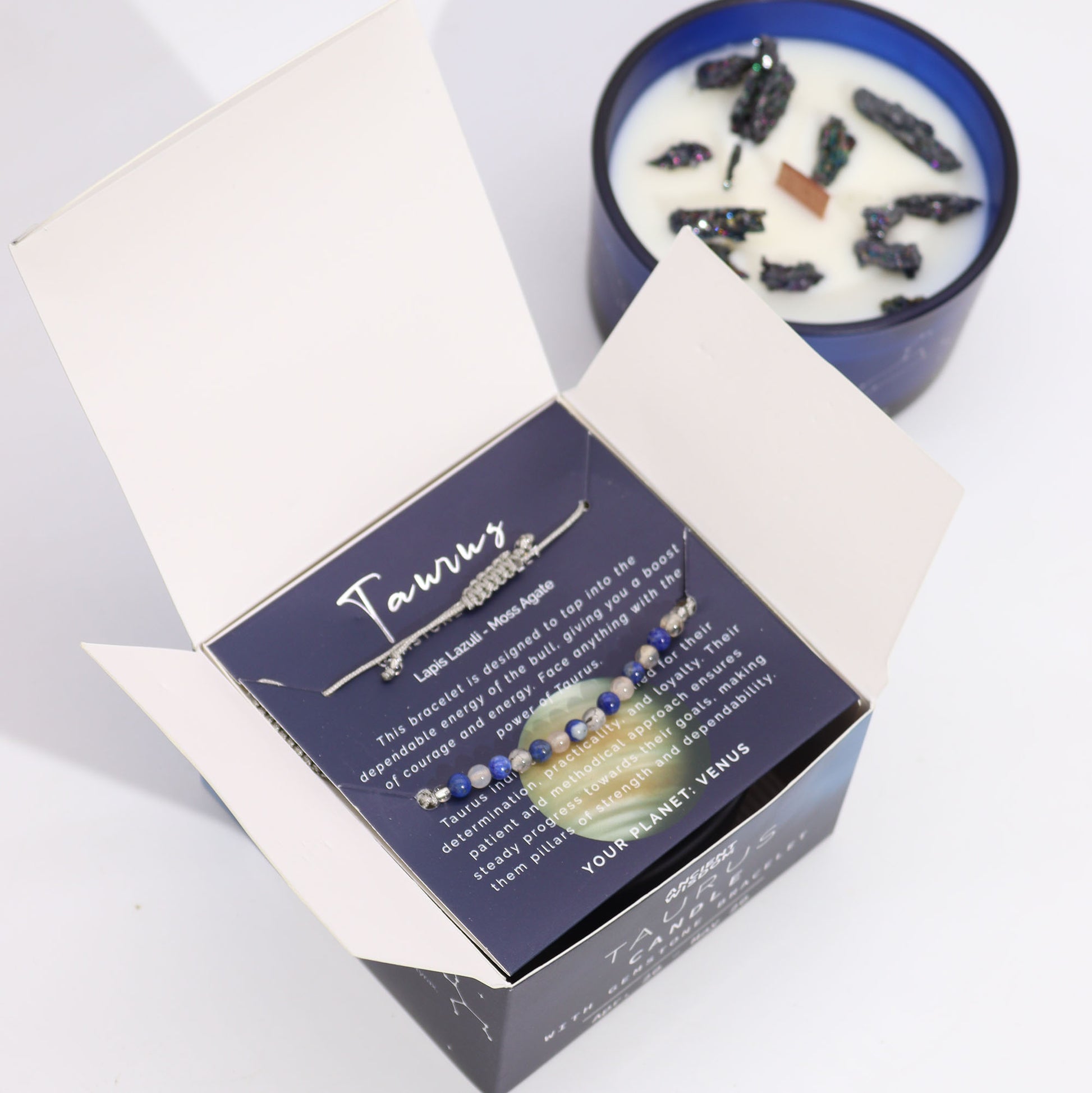 Taurus Zodiac Crystal Candle With Lapis Lazuli & Moss Agate Gemstone Bracelet