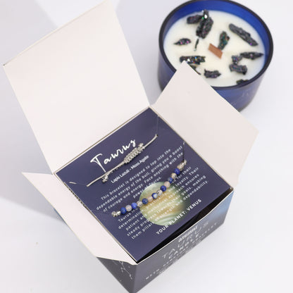 Taurus Zodiac Crystal Candle With Lapis Lazuli & Moss Agate Gemstone Bracelet - Bath & Soak