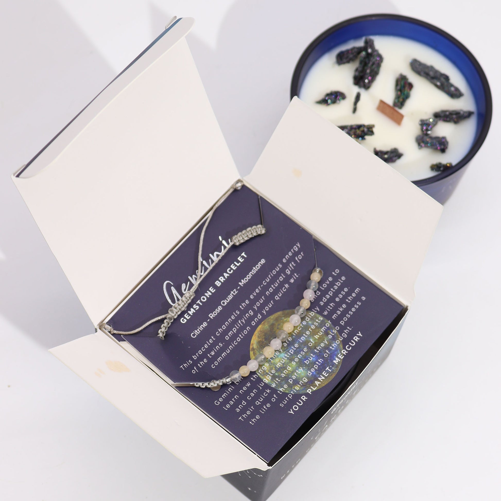 Gemini Zodiac Crystal Candle With Citrine, Rose Quartz & Moonstone Gemstone Bracelet