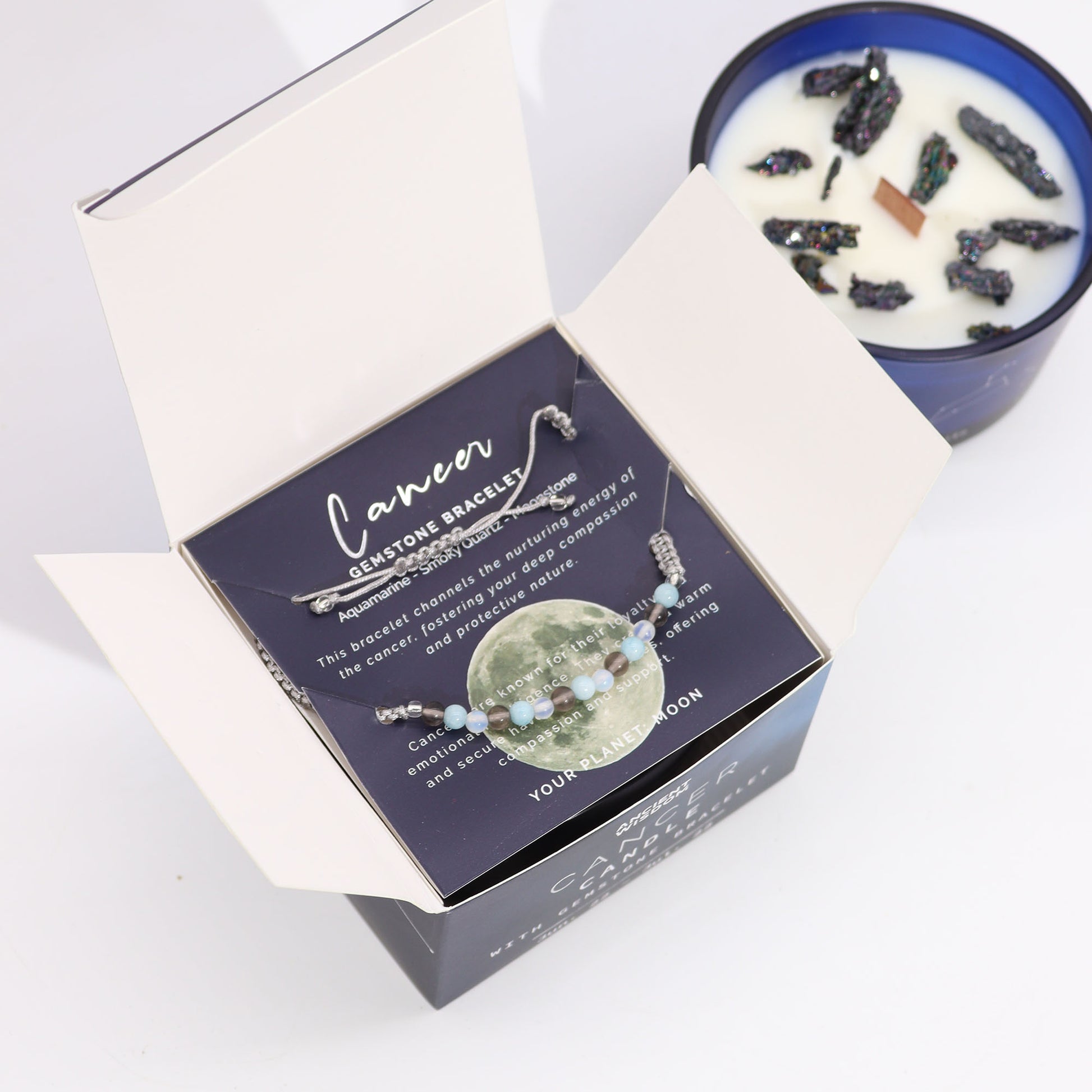 Cancer Zodiac Crystal Candle With Aquamarine, Smoky Quartz & Moonstone Gemstone Bracelet