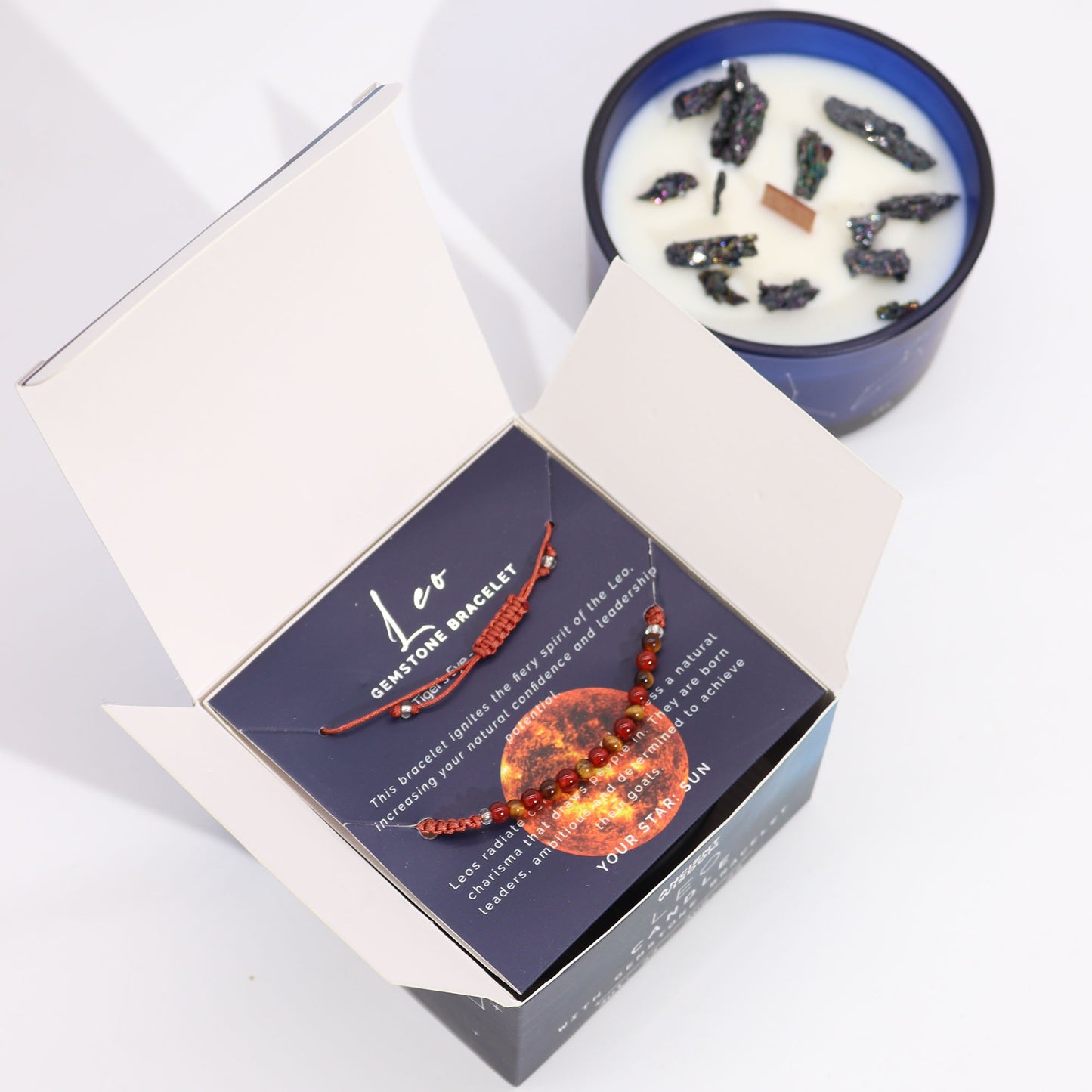 Leo Zodiac Crystal Candle With Tiger's Eye & Carnelian Gemstone Bracelet - Bath & Soak