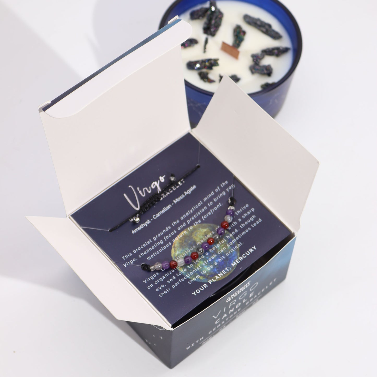 Virgo Zodiac Crystal Candle With Amethyst, Carnelian & Moss Agate Gemstone Bracelet - Bath & Soak