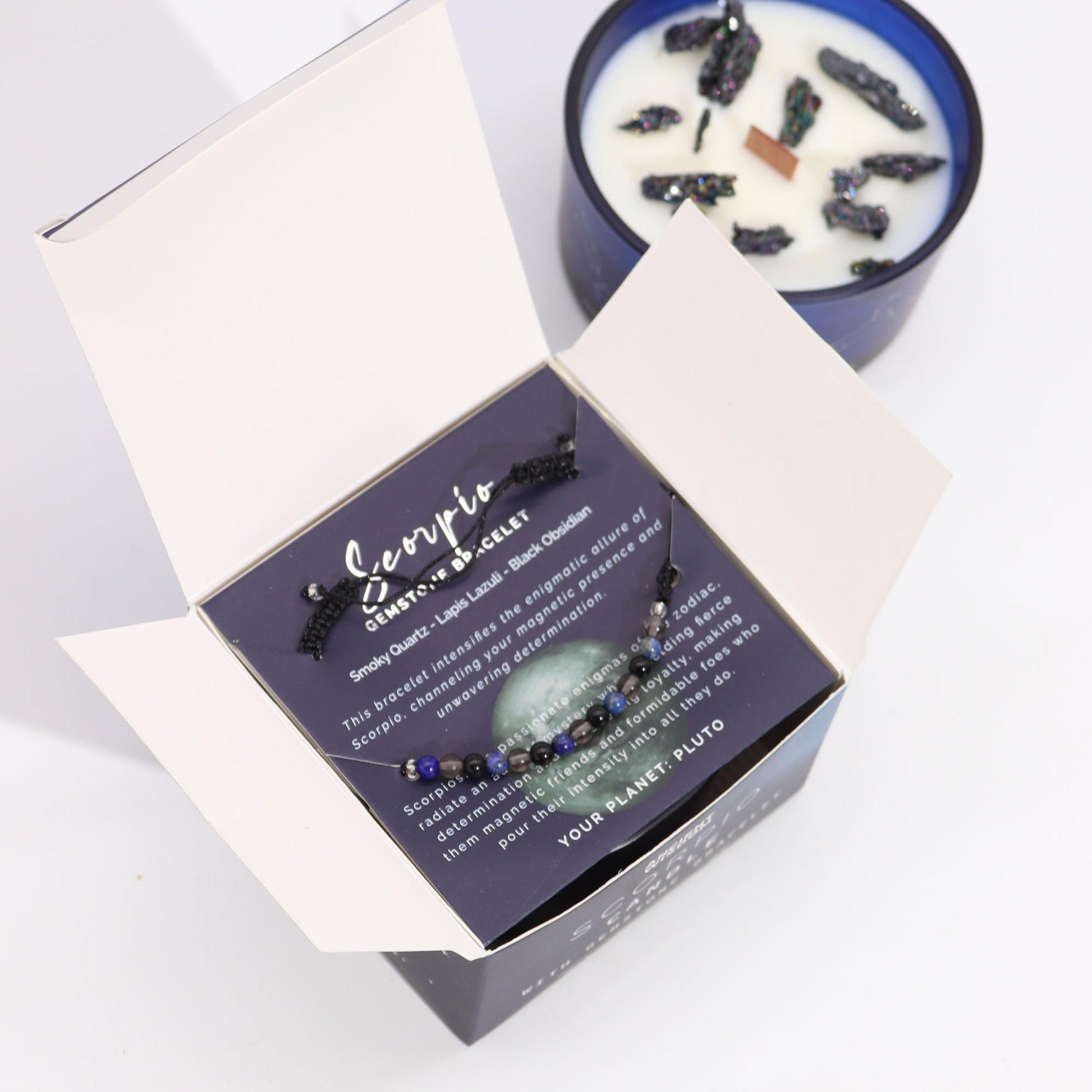 Scorpio Zodiac Crystal Candle With Smoky Quartz, Lapis Lazuli & Black Obsidian Gemstone Bracelet
