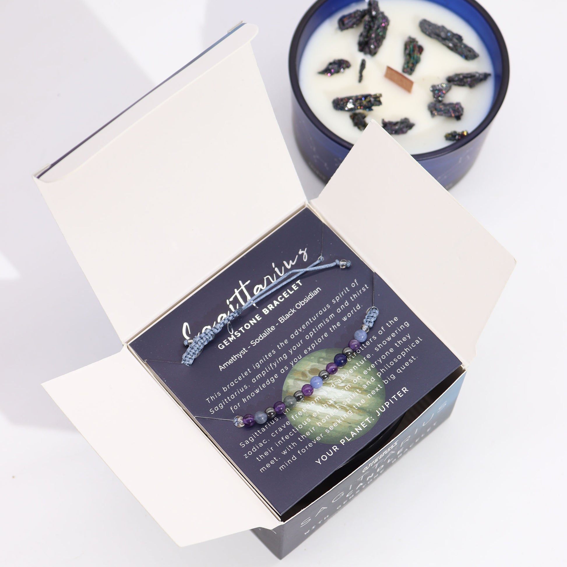 Sagittarius Zodiac Crystal Candle With Amethyst, Sodalite & Black Obsidian Gemstone Bracelet