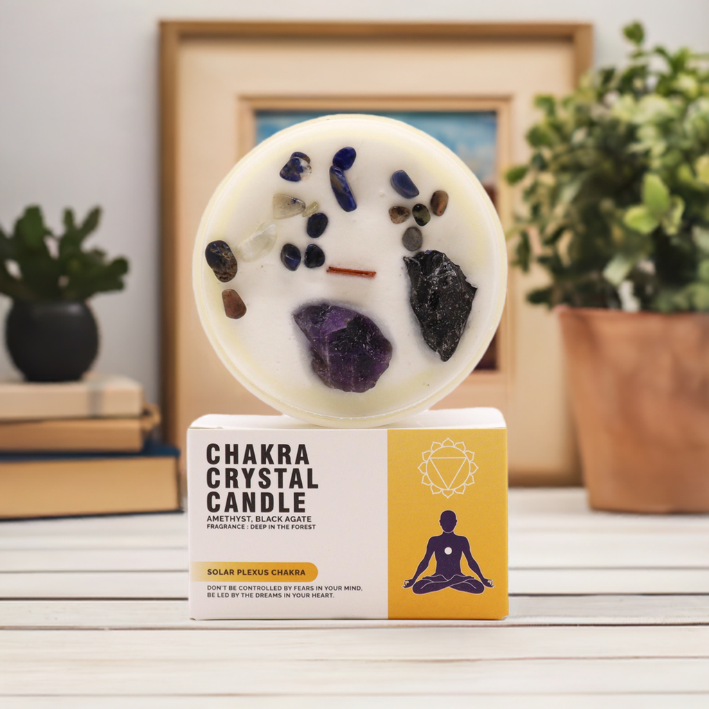 Solar Plexus Chakra Crystal Candle - Amethyst & Black Agate Crystals - Bath & Soak