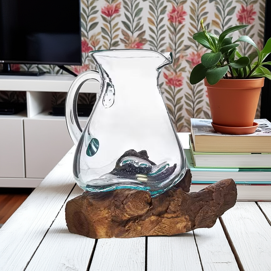 Hand-Blown Molten Glass Jug with Gamal Wood Base for Unique Home Decor