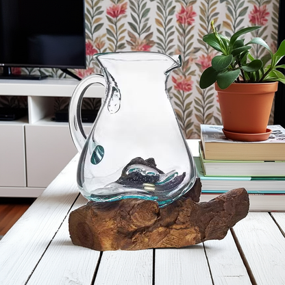 Hand-Blown Molten Glass Jug with Gamal Wood Base for Unique Home Decor