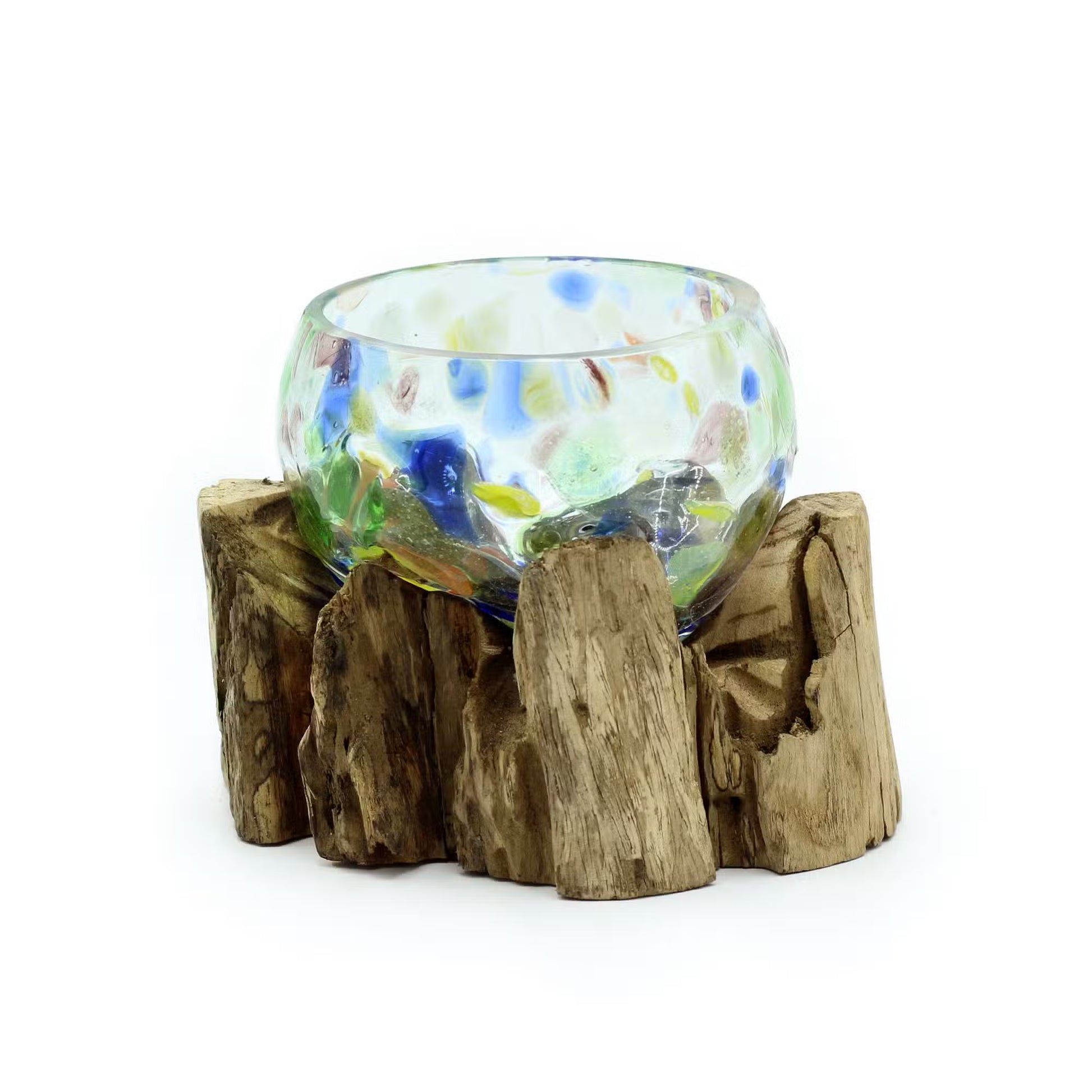 Rustic Molten Coloured Glass Bowl on Natural Wood Base