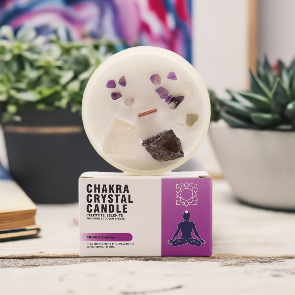 Crown Chakra Crystal Candle - Celestite & Selenite Crystals - Bath & Soak