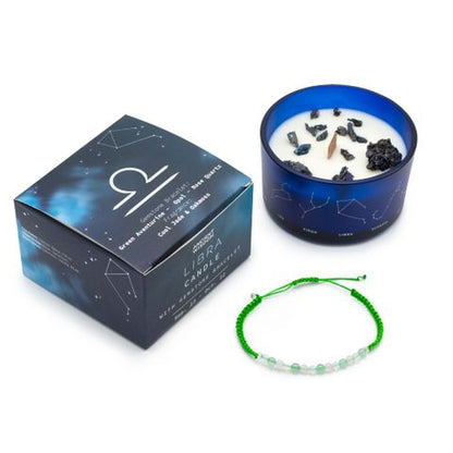 Libra Zodiac Crystal Candle With Green Aventurine, Opal & Rose Quartz Gemstone Bracelet - Bath & Soak