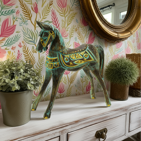 Large Gold & Turquoise Horse: Hand-Carved Albasia Wood - 32cm