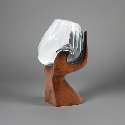 Carved Wooden Hand with Molten Glass Bowl
