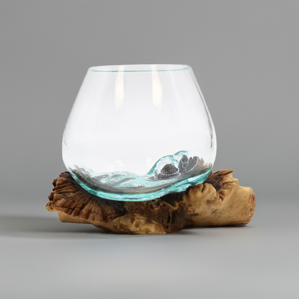 Hand-Blown Glass Bowl on Rare Parasite Wood