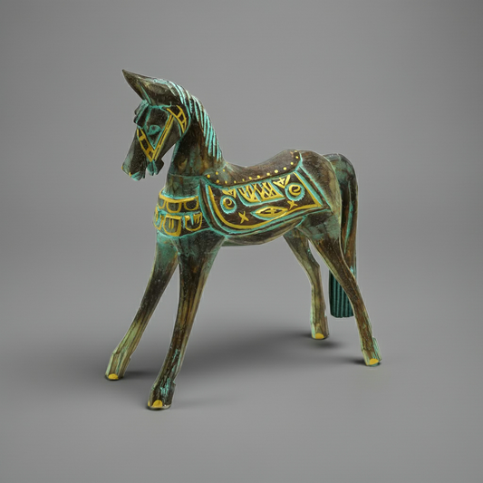 Large Gold & Turquoise Horse: Hand-Carved Albasia Wood - 32cm