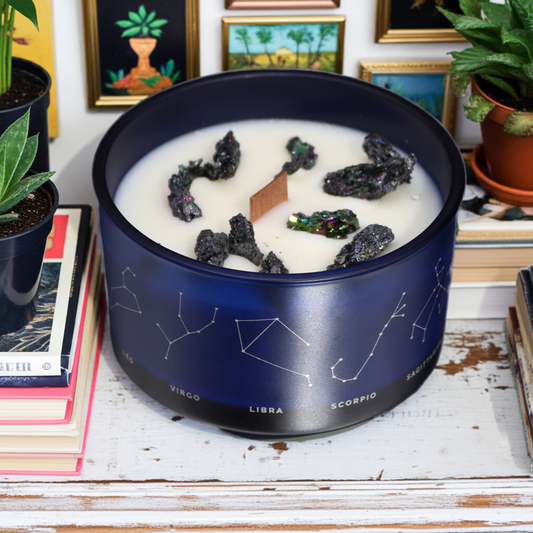 Cancer Zodiac Crystal Candle With Aquamarine, Smoky Quartz & Moonstone Gemstone Bracelet - Bath & Soak