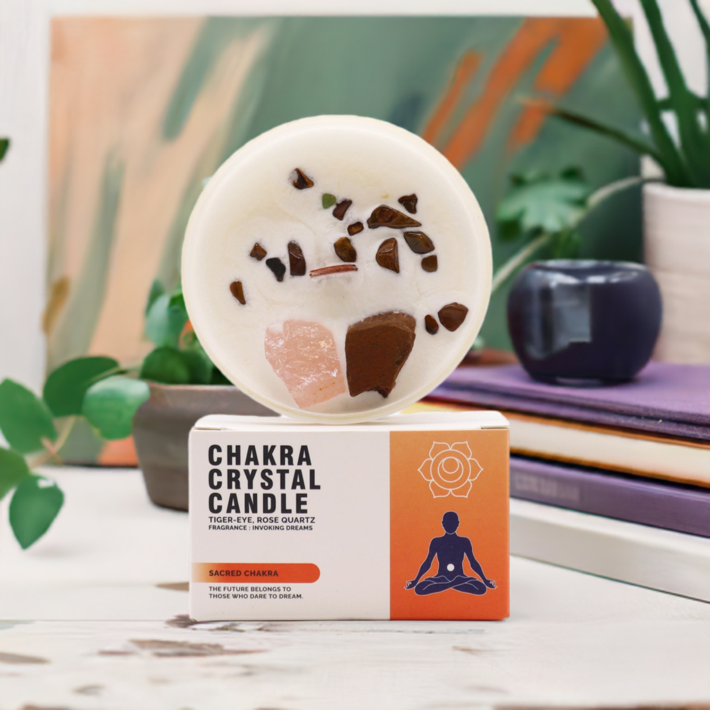 Sacred Chakra Crystal Candle - Tiger Eye & Rose Quartz Crystals - Bath & Soak