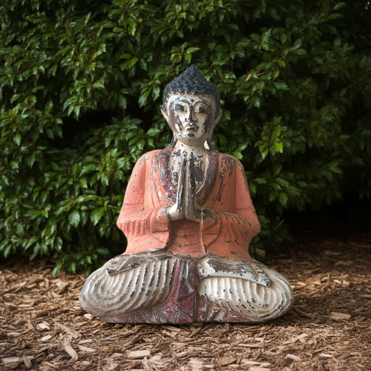 Vintage Orange Wooden Buddha Statue: Welcoming Peace - 30cm