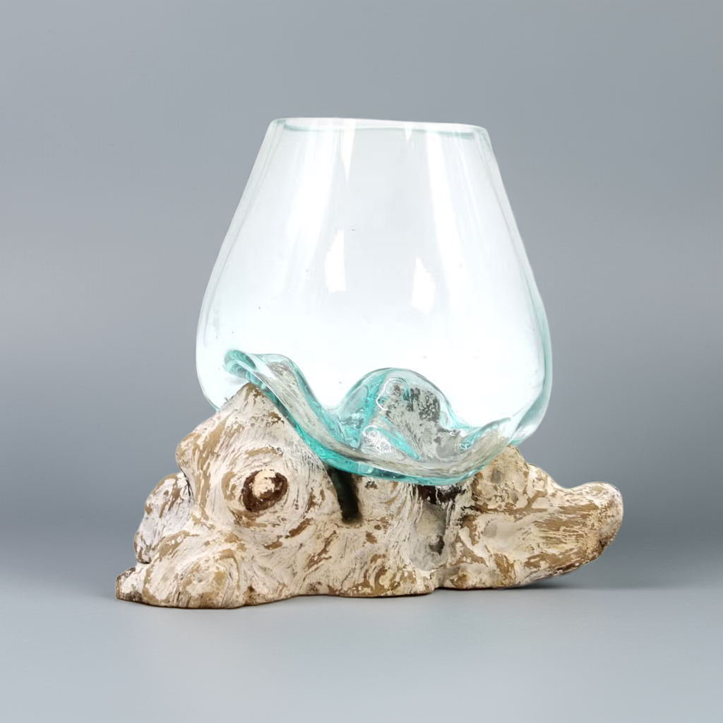 Hand-Blown Recycled Glass & Gamal Wood Art Bowl