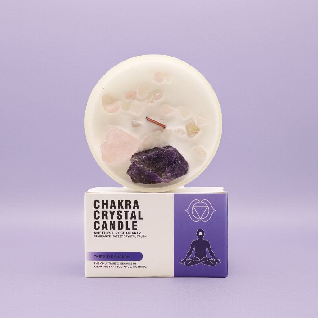 Third Eye Chakra Crystal Candle - Amethyst & Rose Quartz Crystals