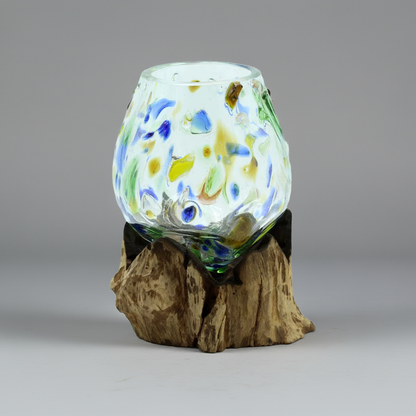 Hand-Blown Coloured Glass & Natural Wood Sculpture
