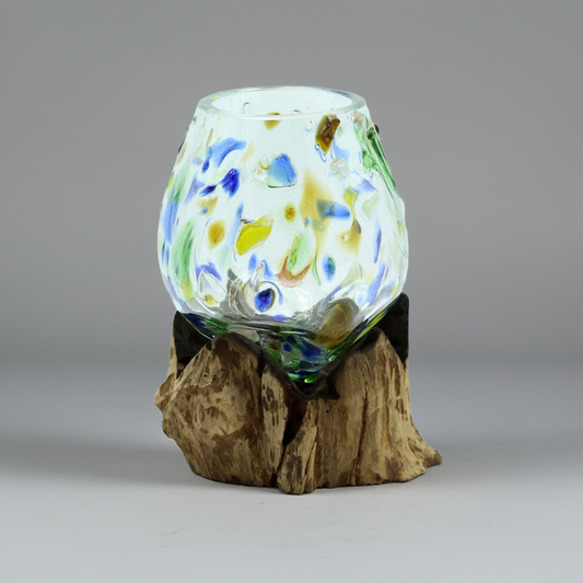 Hand-Blown Coloured Glass & Natural Wood Sculpture