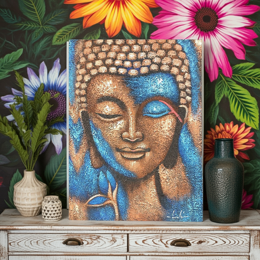 Buddha Wall Art: Serene Bronze & Blue - 75x55cm