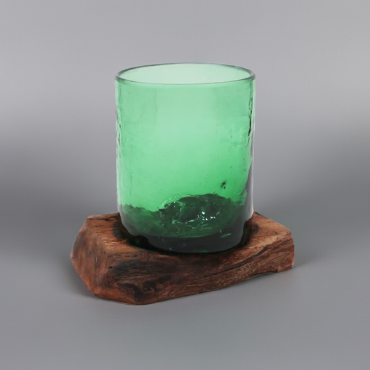 Green Molten Beer Bottle Glass & Wood Bowl