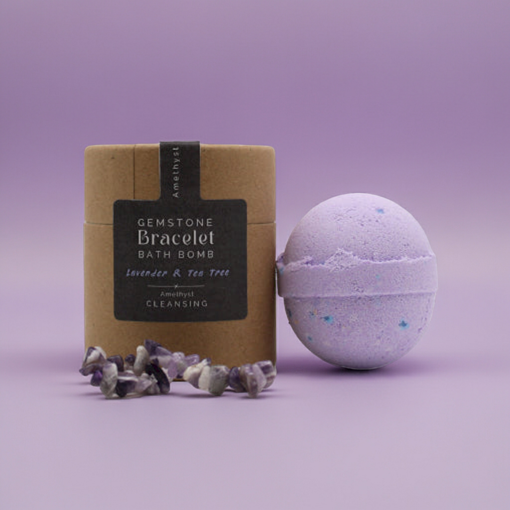 Lavender & Tea Tree Bath Bomb: Amethyst Gemstone Bracelet - 140g