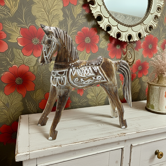 Large Whitewash Horse: Hand-Carved Albasia Wood - 32cm