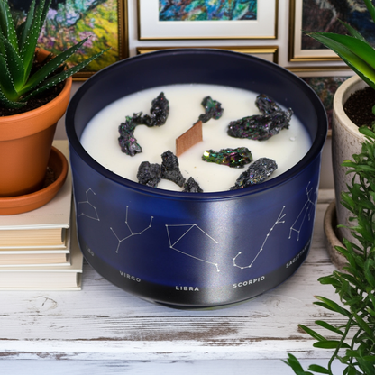 Virgo Zodiac Crystal Candle With Amethyst, Carnelian & Moss Agate Gemstone Bracelet - Bath & Soak