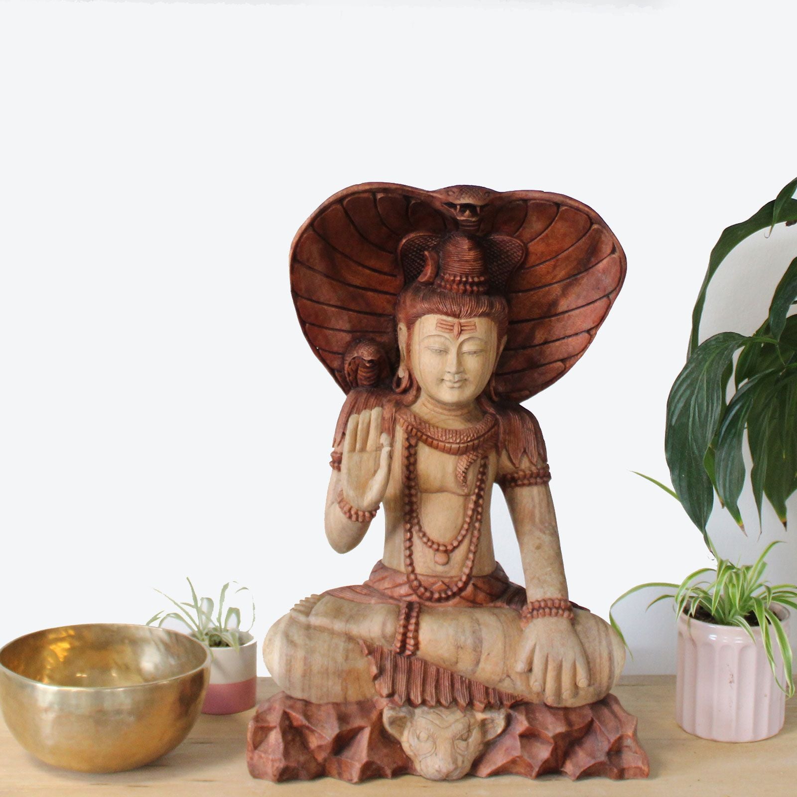 Shiva with Cobra Statue: Hand-Carved Suar Wood - 50cm