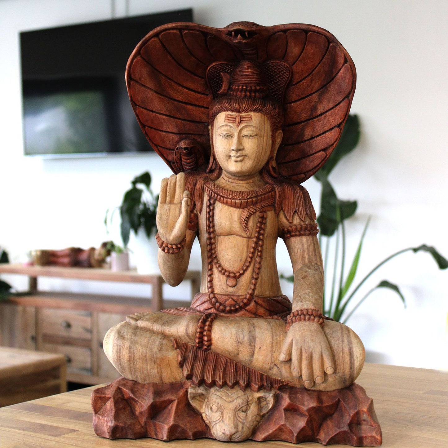 Shiva with Cobra Statue: Hand-Carved Suar Wood - 50cm