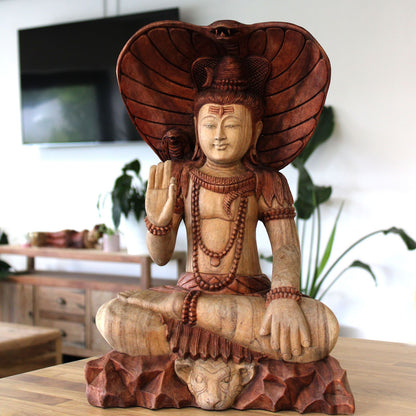 Shiva with Cobra Statue: Hand-Carved Suar Wood - 50cm