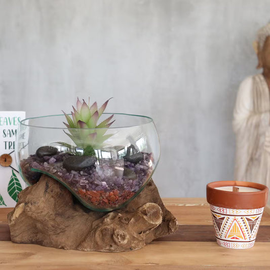 Balinese Gamal Wood & Molten Glass Bowl - Unique Hand-Blown Art