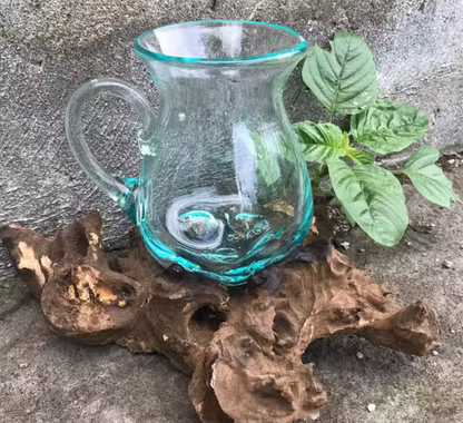 Hand-Blown Molten Glass Jug with Gamal Wood Base for Unique Home Decor
