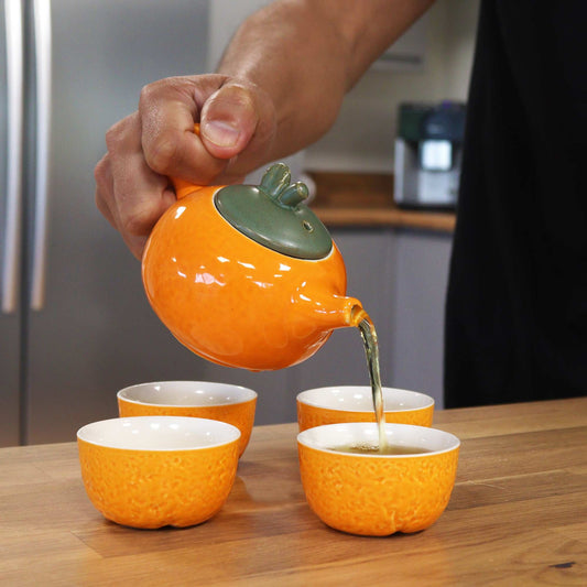 Orange Teapot Set: Funky Fruit Design - 200ml Pot & 4 Cups