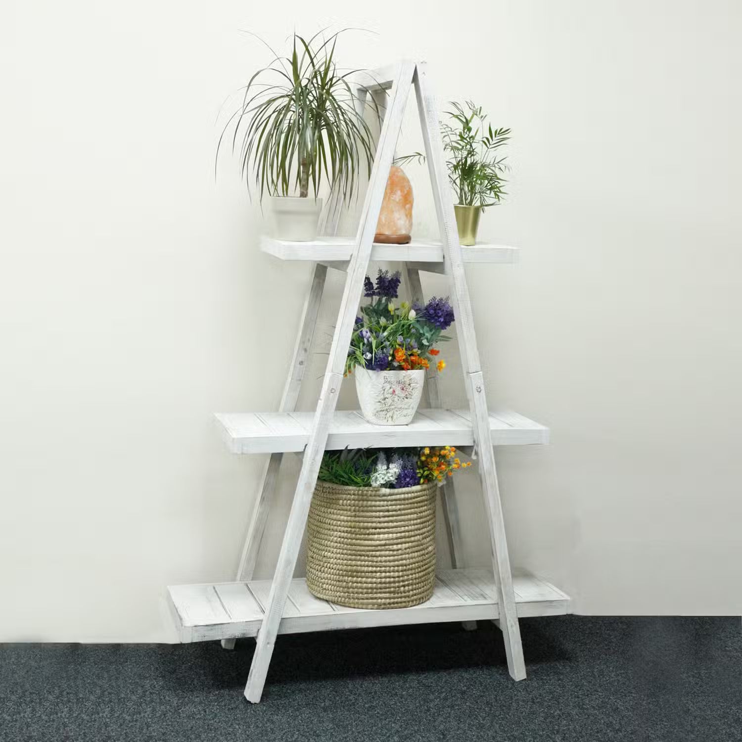 Folding Whitewash A-Frame Display: Natural Handmade Home Shelf