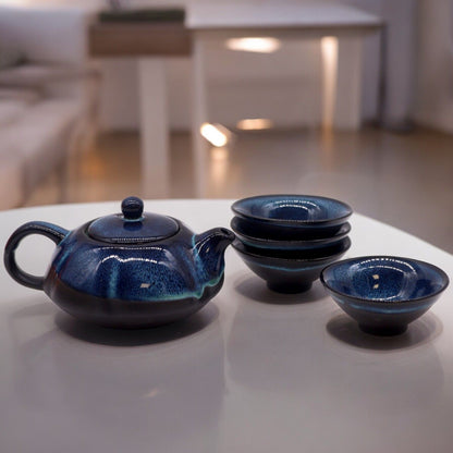 Herbal Blues Teapot: Pot & Four Cups - Blue Ceramic