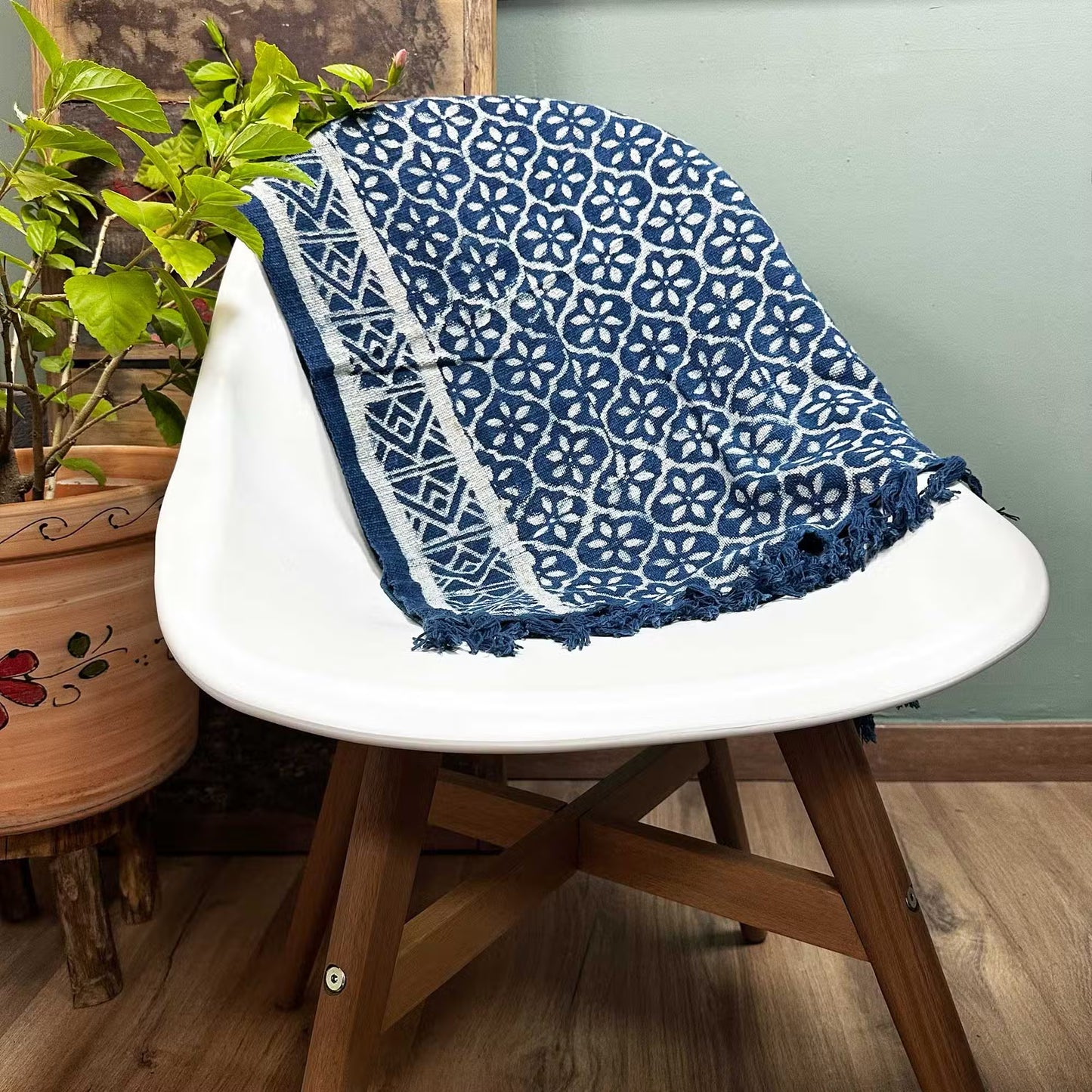 Handmade Indigo Runner: Madjid Tiles Pattern - 170x60cm