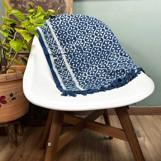 Handmade Indigo Runner: Madjid Tiles Pattern - 170x60cm