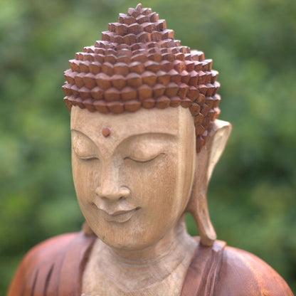 Hand Carved Wooden Buddha Statue: Suar Wood Art - 80cm