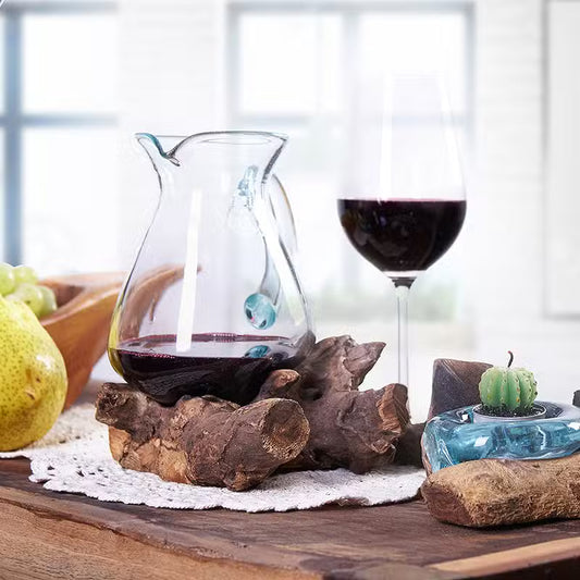 Hand-Blown Molten Glass Jug with Gamal Wood Base for Unique Home Decor