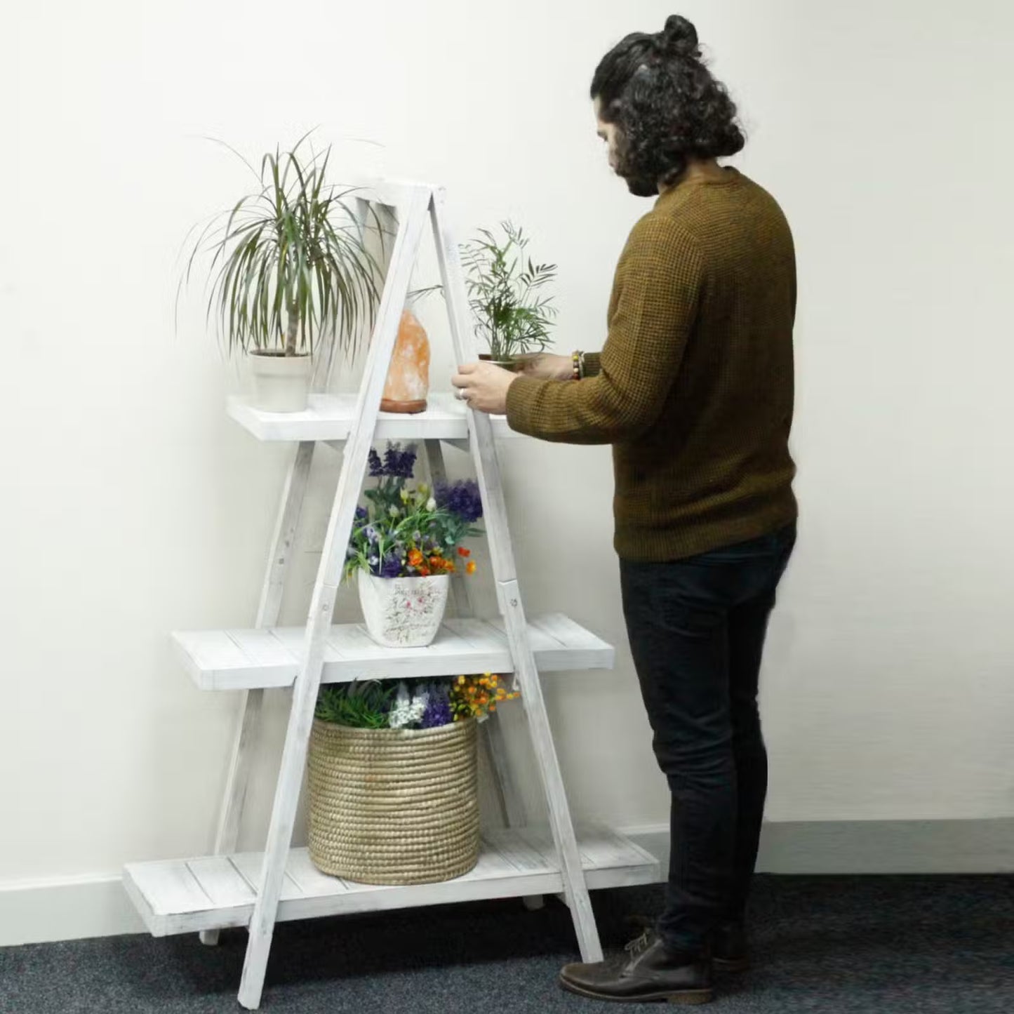 Folding Whitewash A-Frame Display: Natural Handmade Home Shelf