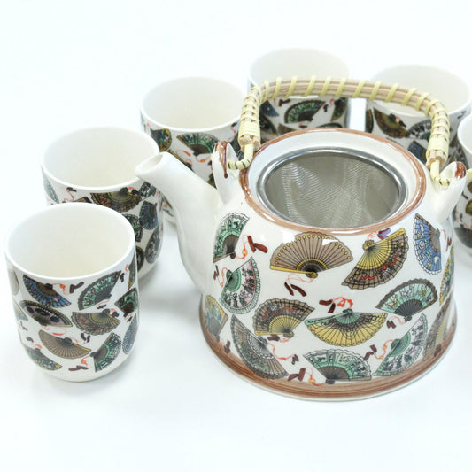 Herbal Teapot Set: Strainer & 6 Cups - China Fans Pattern