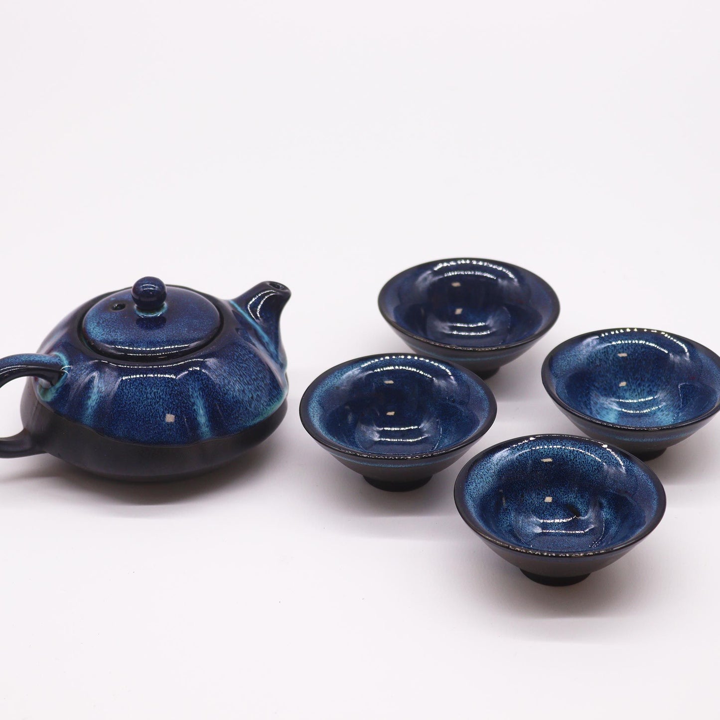 Herbal Blues Teapot: Pot & Four Cups - Blue Ceramic