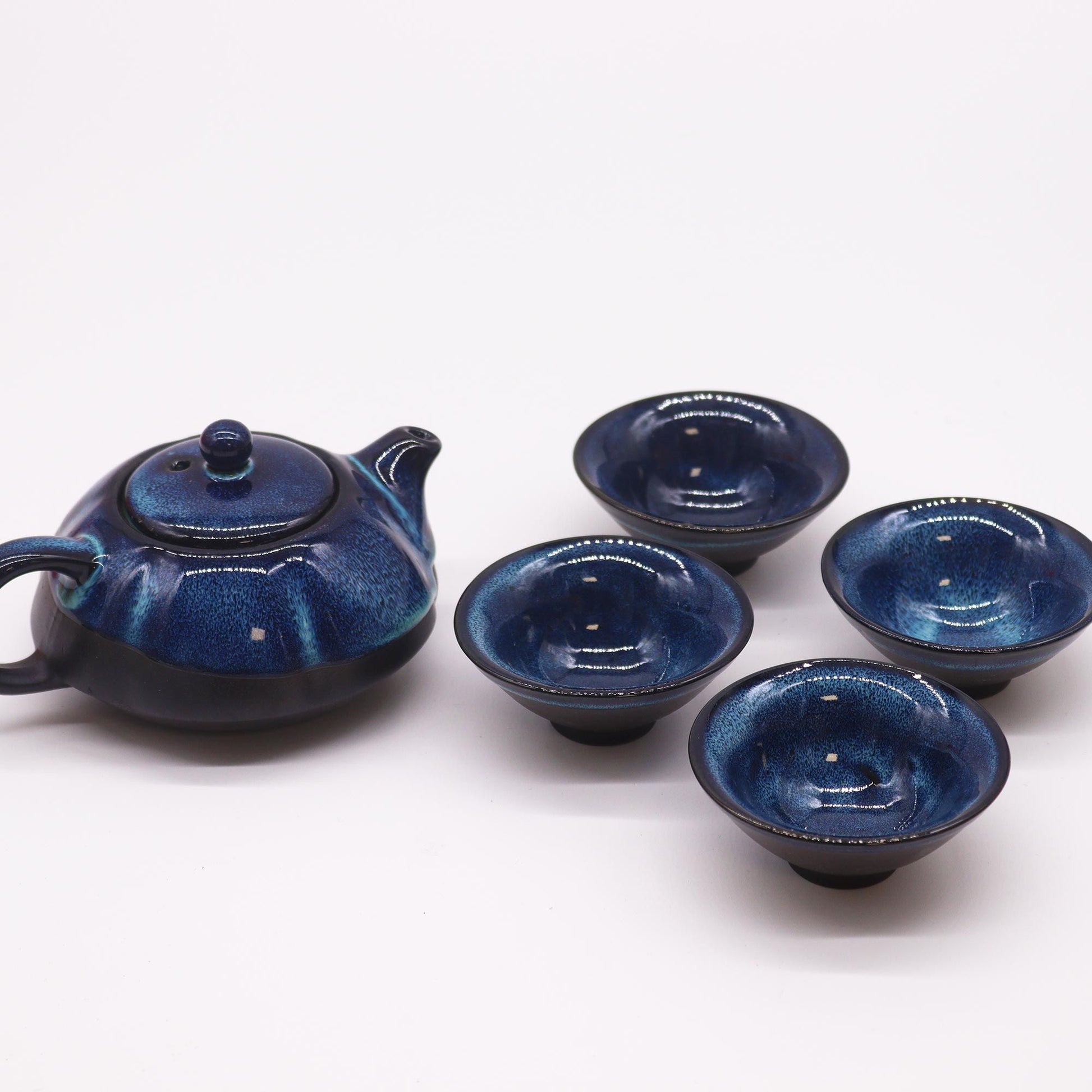 Herbal Blues Teapot: Pot & Four Cups - Blue Ceramic