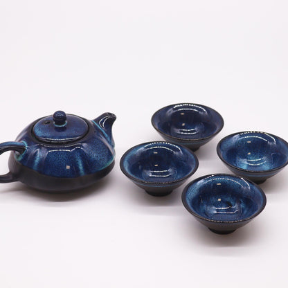 Herbal Blues Teapot: Pot & Four Cups - Blue Ceramic