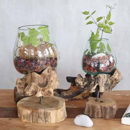 Unique Recycled Glass & Wood Vase: Balinese Art Home Decor